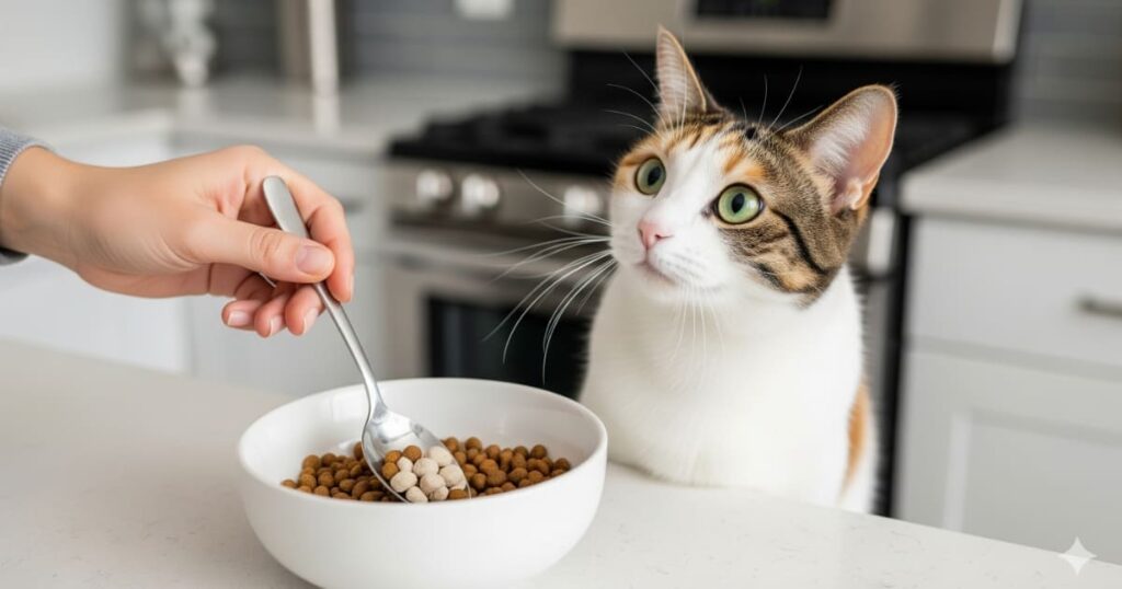 「新しいフード 一気に切り替える - 日本猫が新しいフードの匂いを注意深く嗅いでいる。飼い主の手が、既存のフードに新しいフードを少しずつ混ぜている様子」