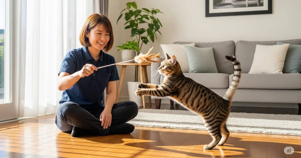 「ペットシッター - 旅行や出張時に安心、自宅でのお世話を頼めるペットシッター」
飼い主の留守中、プロのペットシッターが自宅に来て猫のお世話をしてくれる様子です。猫が住み慣れた環境でストレスなく過ごせるのが最大のメリット。おもちゃで遊んでもらい、リラックスしている猫の表情から、その安心感が伝わります。
