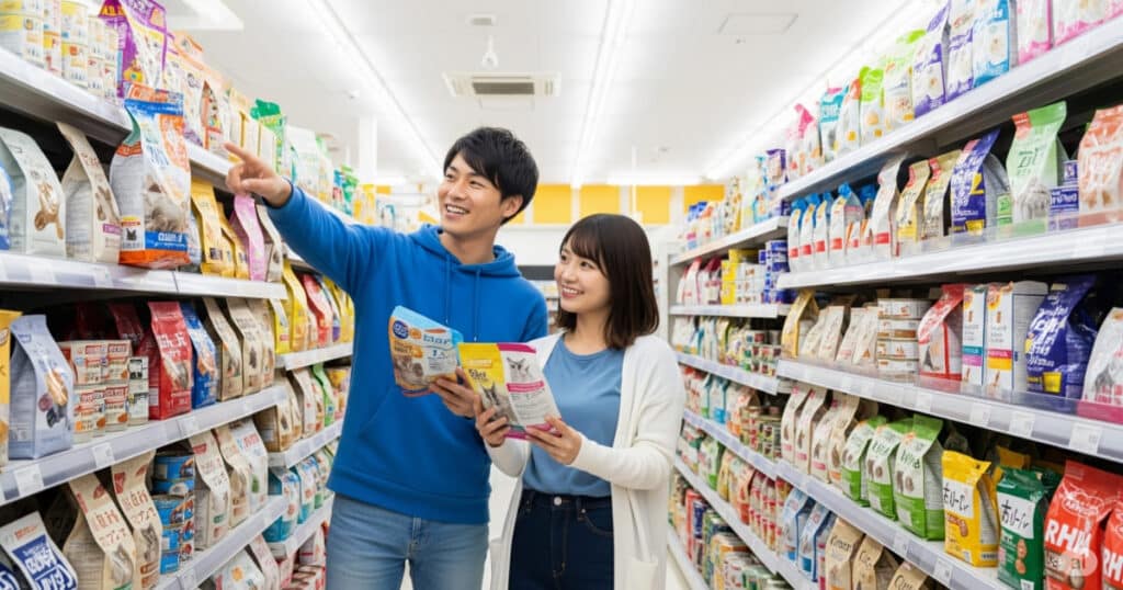 「猫フード 選び方 初心者 - 若い日本人夫婦がペットショップで楽しそうにキャットフードを選んでいる。初心者が知っておくべきフードの与え方、給与量の計算、食べない時の対処法など実践的なコツを解説。」