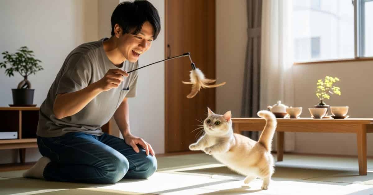 猫 遊び コミュニケーション - 若い日本人男性が、リビングでおもちゃを使ってマンチカンの猫と遊んでいる。遊びを通じて猫の狩猟本能を満たし、飼い主との絆を深めるコミュニケーションの重要性を示す画像