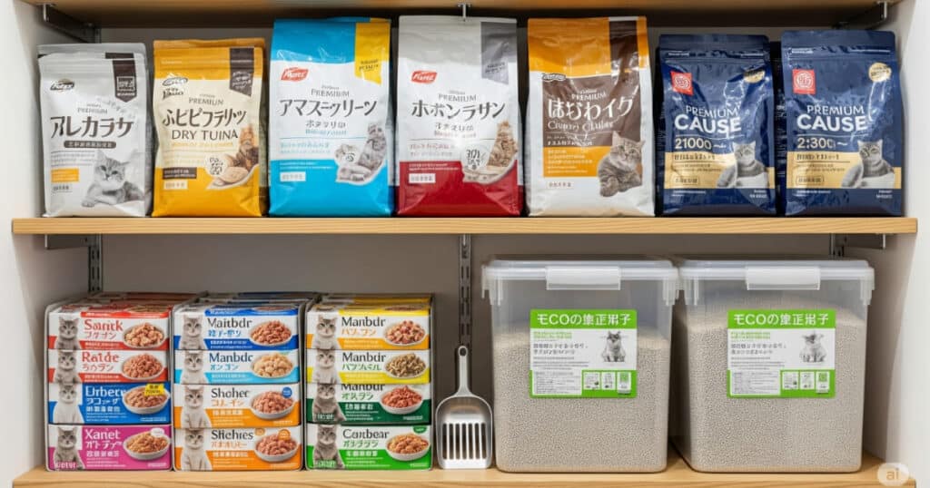 「フードや消耗品のまとめ買い - 賢く節約、フードや猫砂のストック管理」
大容量のキャットフードや猫砂、缶詰のマルチパックが整然と並んだパントリー。セール時やオンラインでまとめ買いをすることで、日々の消耗品費を効果的に節約できます。計画的な購入が、長期的なコスト管理に繋がります。