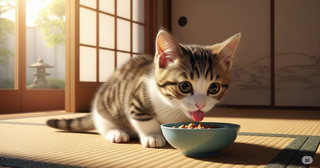 「子猫期のフード選び - 生後数ヶ月の愛らしいマンチカンの子猫が、成長に必要な栄養が豊富な子猫用フードを、浅いお皿から一生懸命に食べている元気な姿。」