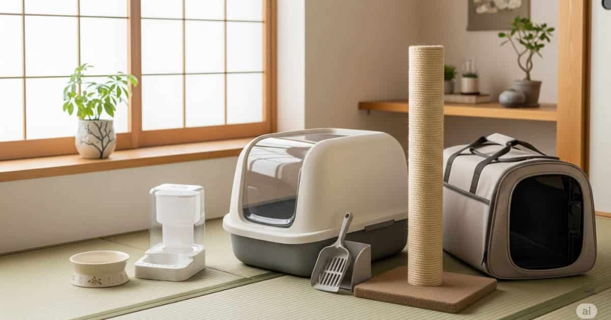 猫を飼う準備 必要なもの - 猫を飼うために必要な、トイレ、食器、キャリーバッグ、爪とぎなどのアイテム一式が、モダンな日本の部屋にきれいに並べられている様子