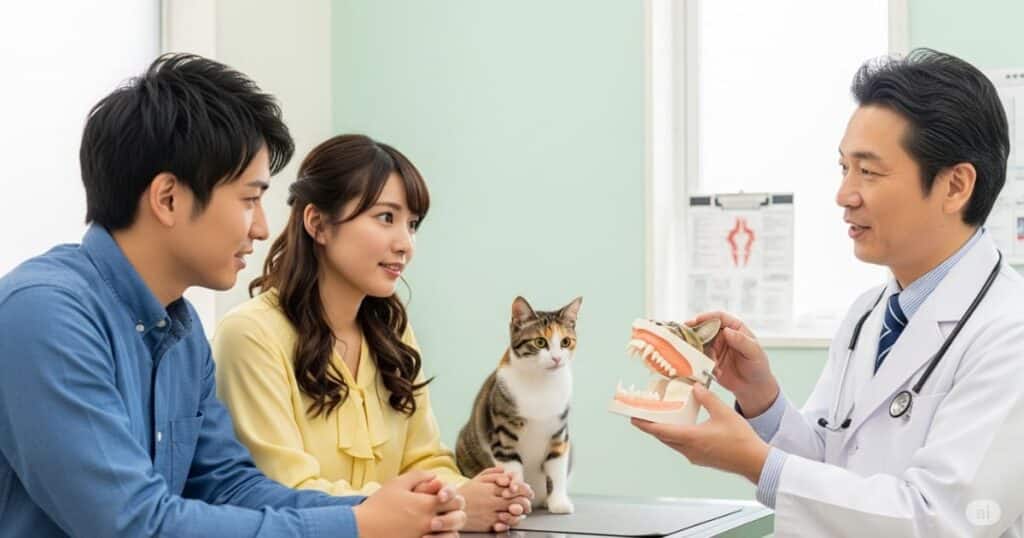 「初回診察 ポイント - 若い日本人夫婦が獣医師から猫の歯の模型を見せられ、熱心に説明を聞いている。診察台の上の健康そうな子猫と共に、初診でワクチンスケジュールやケアについて確認することの重要性を示している」
