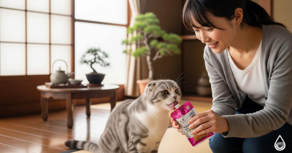 「ウェットフード 特徴 - 日本人女性の飼い主が持つパウチから、スコティッシュフォールドが美味しそうにウェットフードを食べている。ウェットフードの高い嗜好性や、食事から自然に水分補給ができるメリットを表現。」