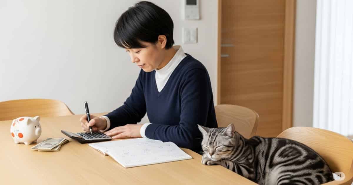 猫の飼育費用 - 日本人女性が電卓と家計簿で猫にかかる費用を計算している。傍らにはアメリカンショートヘアが眠っており、計画的なペットとの生活を象徴