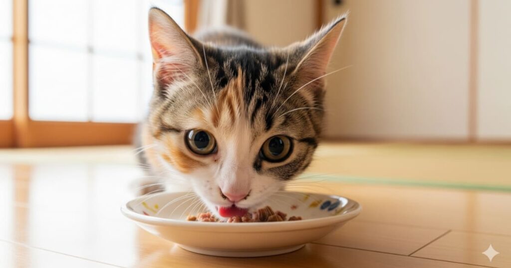 子猫 食べムラ 対策 - 小さな浅いお皿から、栄養価の高いウェットフードを夢中で食べる子猫。成長期の子猫に必要なエネルギーと、適切な食事環境の重要性を示している。