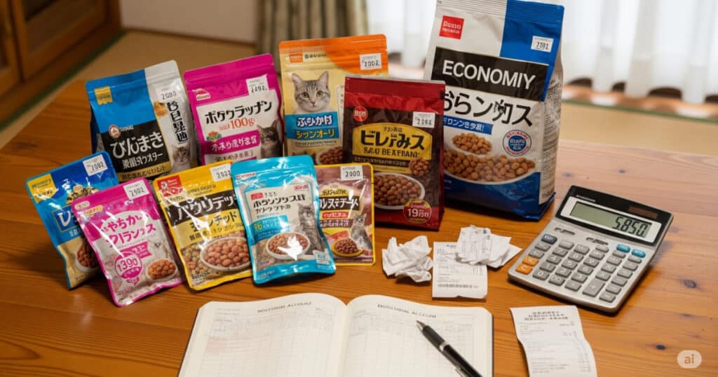 「キャットフード 値段 相場 - 価格帯の異なる複数のキャットフードと電卓、家計簿がテーブルに置かれている。キャットフードの値段と品質の関係、そして家計に合った無理なく継続できるフードの選び方を解説。」