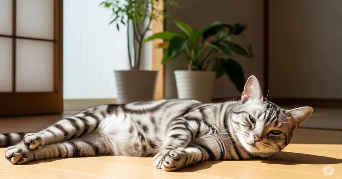 成猫期 健康維持 肥満予防 - 日当たりの良いモダンなマンションで、健康的な体型のアメリカンショートヘアがくつろいでいる。適切な食事と運動による、成猫期の理想的な健康状態を象徴する一枚