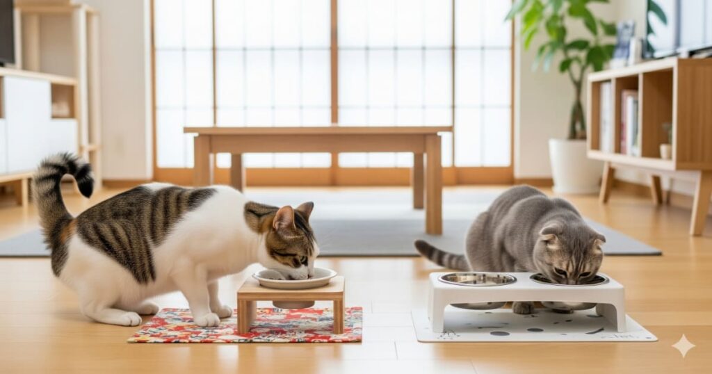 「多頭飼い 個別管理 - 日本のモダンなリビングで、日本猫とスコティッシュフォールドが、それぞれ仕切られた別の食器で食事をしている」