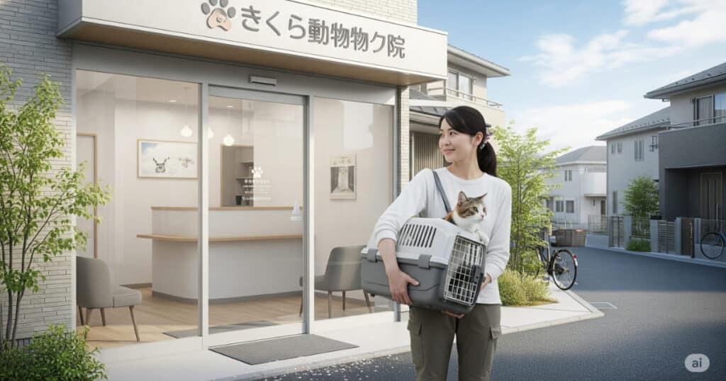 「動物病院選び 立地 利便性 - 日本人女性が猫の入ったキャリーケースを持ち、静かな住宅街にあるモダンで清潔な動物病院の前に立っている。アクセスしやすく、落ち着いた環境にある病院の重要性を示している」