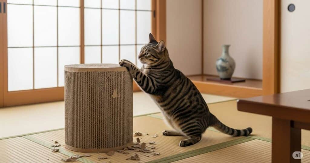 「DIY爪とぎ - コストを抑えて満足度アップ、段ボールで作る手作り爪とぎ」
不要になった段ボールを重ねて作る、経済的で環境にも優しいDIY爪とぎ。市販品にも劣らない使い心地に、猫も満足げに爪をといでいます。猫の好みに合わせて形や大きさを変えられるのも、手作りならではのメリットです。