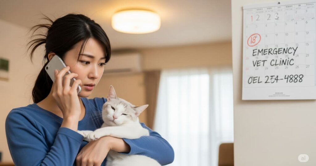 「緊急時の対応 - 愛猫の急な体調不良に、かかりつけの動物病院へ電話で相談する飼い主。緊急時に冷静に行動できるよう、普段から病院の連絡先を準備しておくことの大切さを示す画像。」