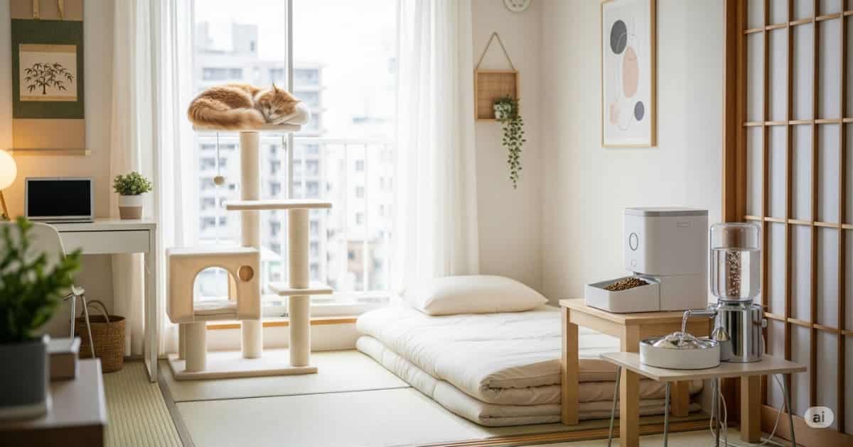 一人暮らし 猫 留守番 - 窓辺のキャットタワーで猫が気持ちよさそうに眠っている。背景には自動給餌器と給水機が見え、一人暮らしでも便利グッズを活用して猫と快適に暮らせる工夫を示している