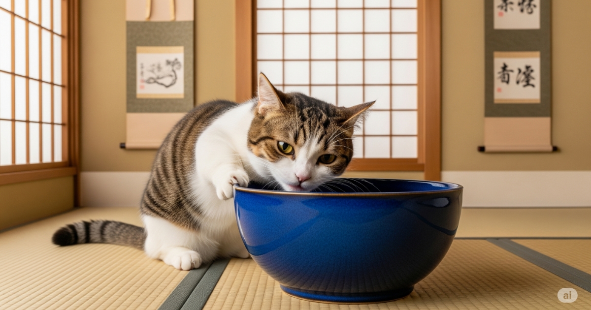 猫 食器 ヒゲ疲れ - マンチカンの猫が、深さのある食器でごはんを食べる際にヒゲが器の側面に当たり、不快そうにしている様子。「ヒゲ疲れ」が原因で食べ残す猫のストレスを、具体的なシーンで分かりやすく表現しています。