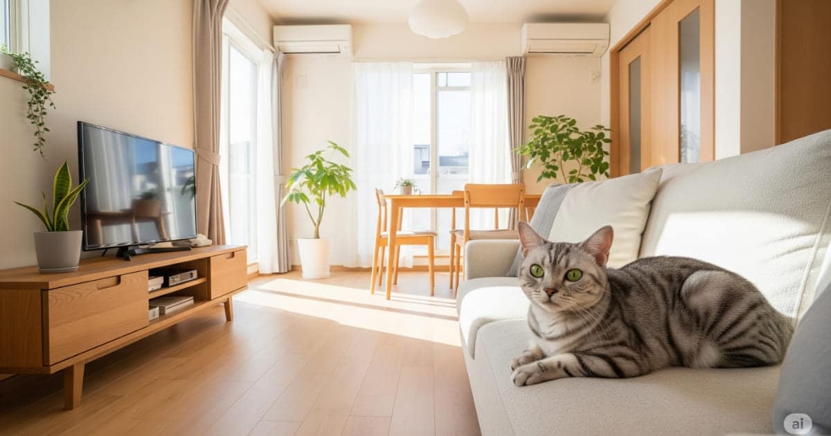 猫 飼育費用 総額 - 太陽の光が差し込むモダンな日本のリビングで、心地よさそうにソファでくつろぐアメリカンショートヘア。猫との生活にかかる費用全体のイメージ。」