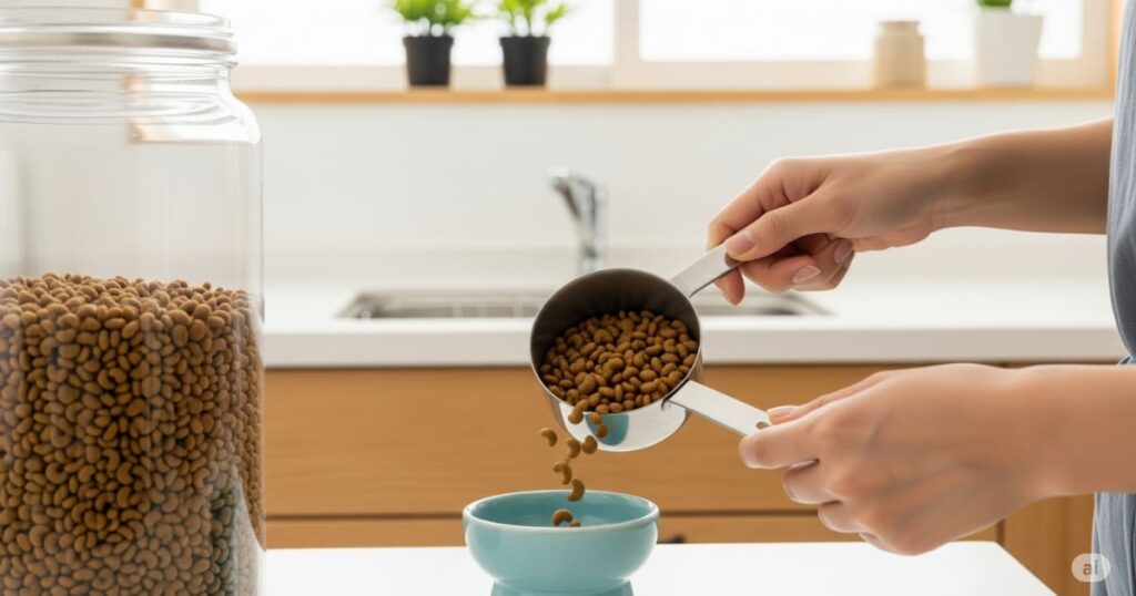 「猫の毎月の費用 - 日本人飼い主がキッチンでキャットフードの袋から1ヶ月分の餌代を考えながら、計量カップを使ってアメリカンショートヘアの猫のためにフードを食器に注いでいる様子。」