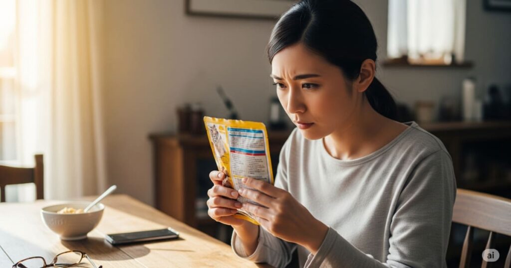 「キャットフードの安全性と原材料 - 日本の住宅のダイニングで、飼い主がキャットフードのパッケージ裏面にある原材料表示を真剣な表情で確認し、愛猫の安全を考えている様子。」