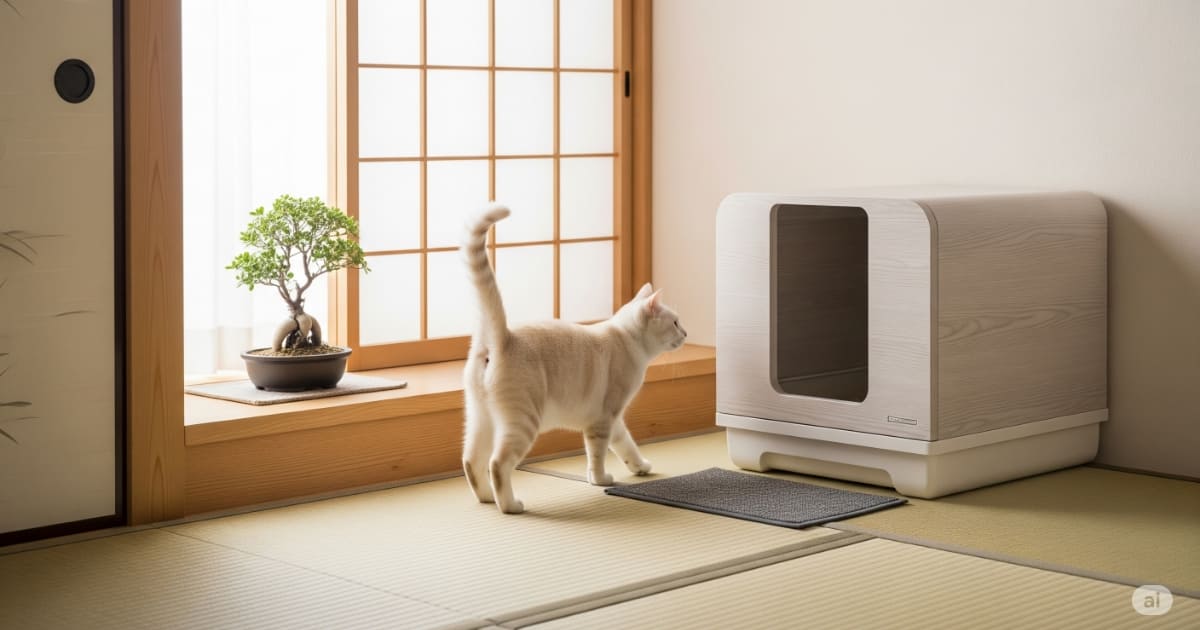 猫 トイレ 環境 しつけ - 清潔に保たれたモダンな猫用トイレと、そこから満足そうに出てくる猫。猫が安心して使える、静かで快適なトイレ環境の整備としつけの成功を表現した画像