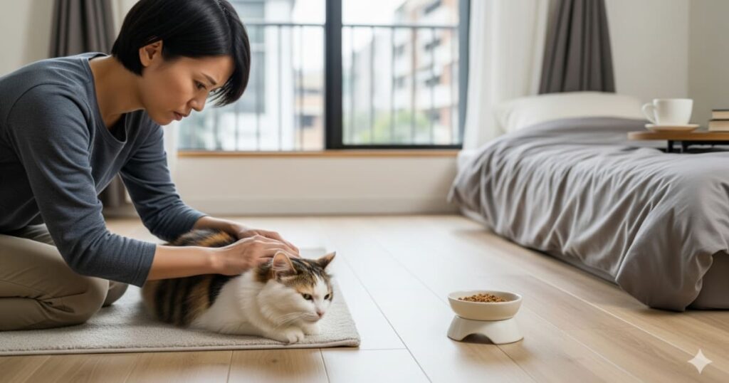 「食欲不振 様子見 - 心配そうな飼い主が、フードに全く口をつけずにぐったりと横になっている愛猫を優しく撫でている。窓から差し込む光が静かな部屋を照らしている」