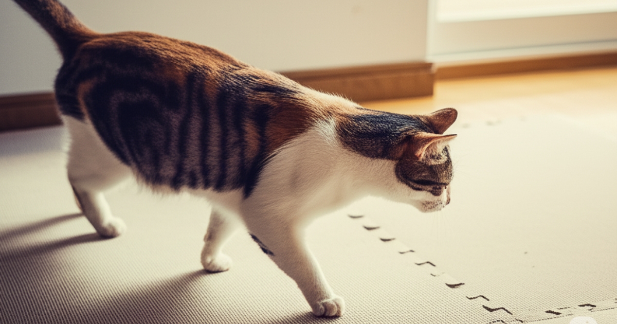 猫の本能的な理由、狩人の習性が現代にも残る様子。おもちゃに狙いを定める三毛猫の真剣な表情が、狩猟本能を垣間見せます。