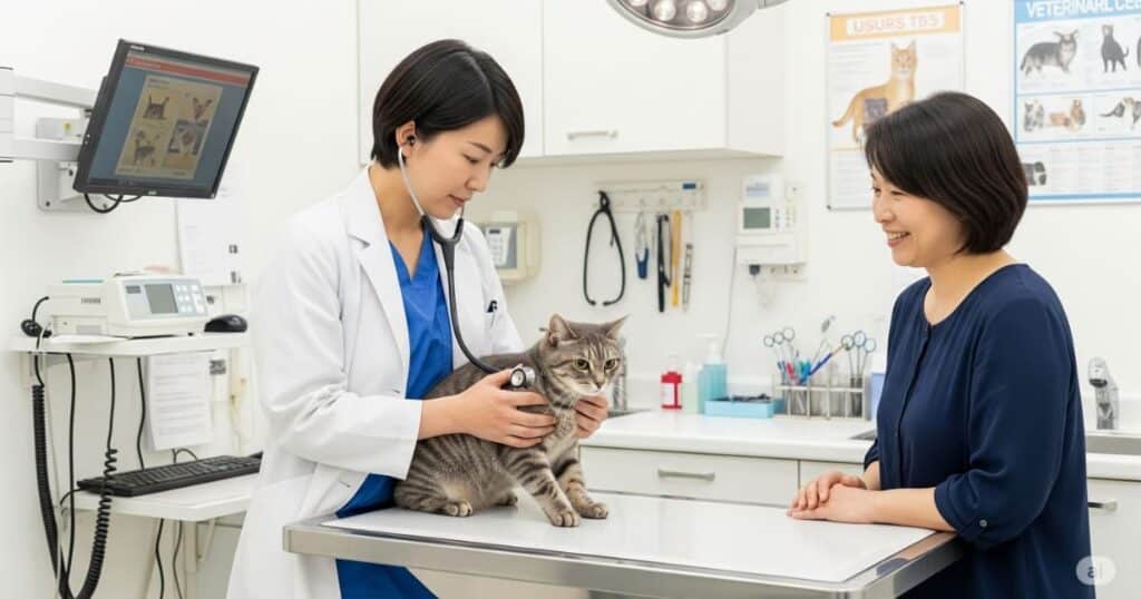 「定期的な健康診断 - 言葉を話せない愛猫のための、プロによる健康チェック」
動物病院で、獣医師が聴診器を当てて猫の心音を確認しています。年に一度の健康診断は、見た目ではわからない病気の兆候を早期に発見するために不可欠です。飼い主が見守る中、安心して診察を受ける猫の様子が描かれています。