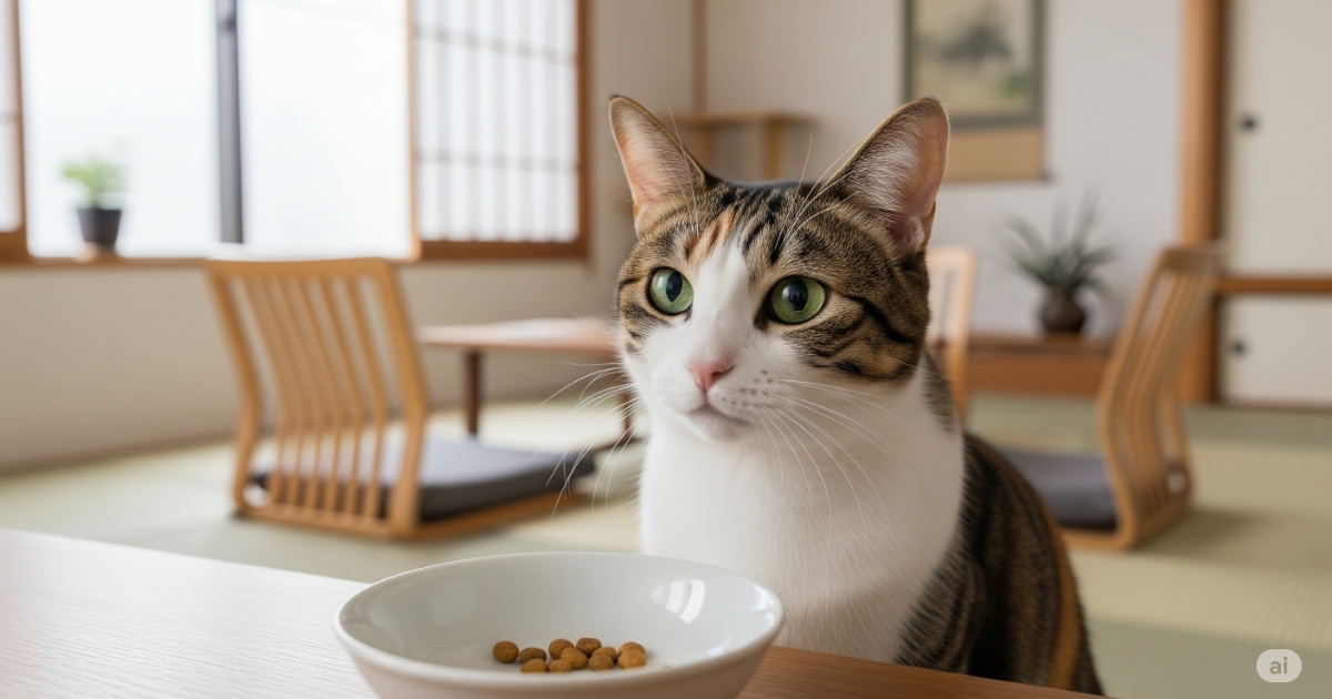 猫 ごはん 残す 原因 - モダンなリビングで、三毛猫が少しだけフードが残ったお皿を不思議そうに見つめている様子。病気やわがままではなく、何か理由がありそうなしぐさが、飼い主の探究心をくすぐります。