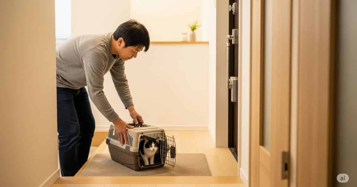 「猫 初期費用 迎える - 新しい家に到着し、キャリーバッグの中から興味深そうに顔をのぞかせる子猫。保護猫やペットショップから猫を迎える際の初期費用をイメージさせる写真。」