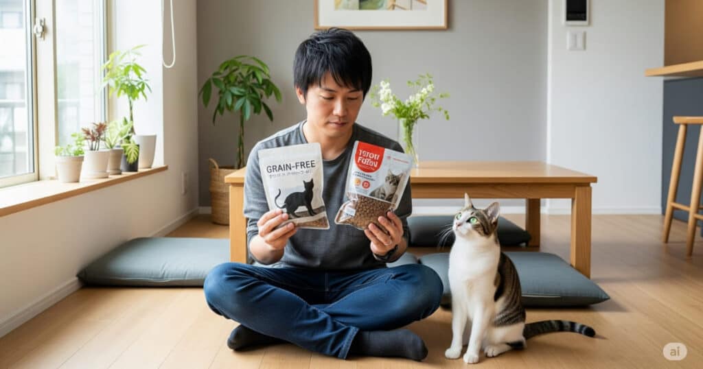 「グレインフリー 必要性 - グレインフリーと表示されたキャットフードのパッケージを手に取り、原材料を比較検討する飼い主の日本人男性。グレインフリーフードが本当に猫にとって必要かどうか、科学的視点から解説。」