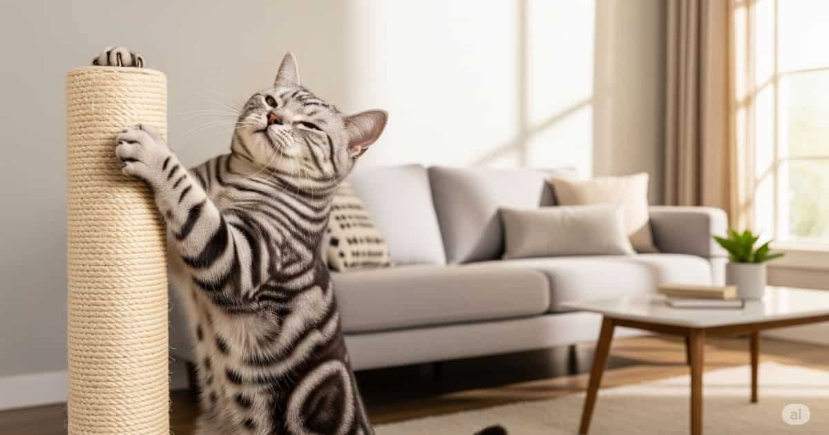 猫 問題行動 しつけ - リビングに置かれた爪とぎを猫が正しく使っている。背景にあるソファは無傷で、爪とぎのような問題行動は、叱るのではなく適切な環境を用意することで解決できることを表す