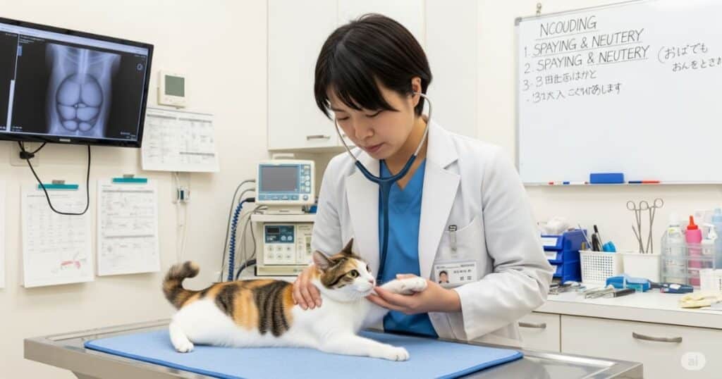 「避妊・去勢手術 費用 必要性 - 近代的な動物病院の手術室で、獣医師が日本猫の避妊手術の準備をしている様子。衛生的な環境と専門的な機材が、手術の安全性と必要性を伝えている」