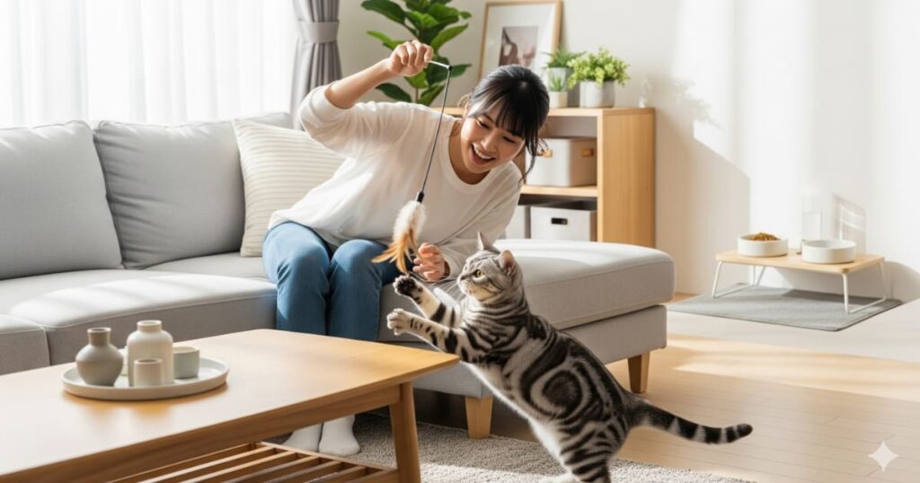 猫 食べムラ 対策 - 食事の前に猫じゃらしでアメリカンショートヘアと楽しく遊ぶ飼い主。猫の狩猟本能を刺激して食欲を促す、食べムラ改善の基本的な対策を表現。