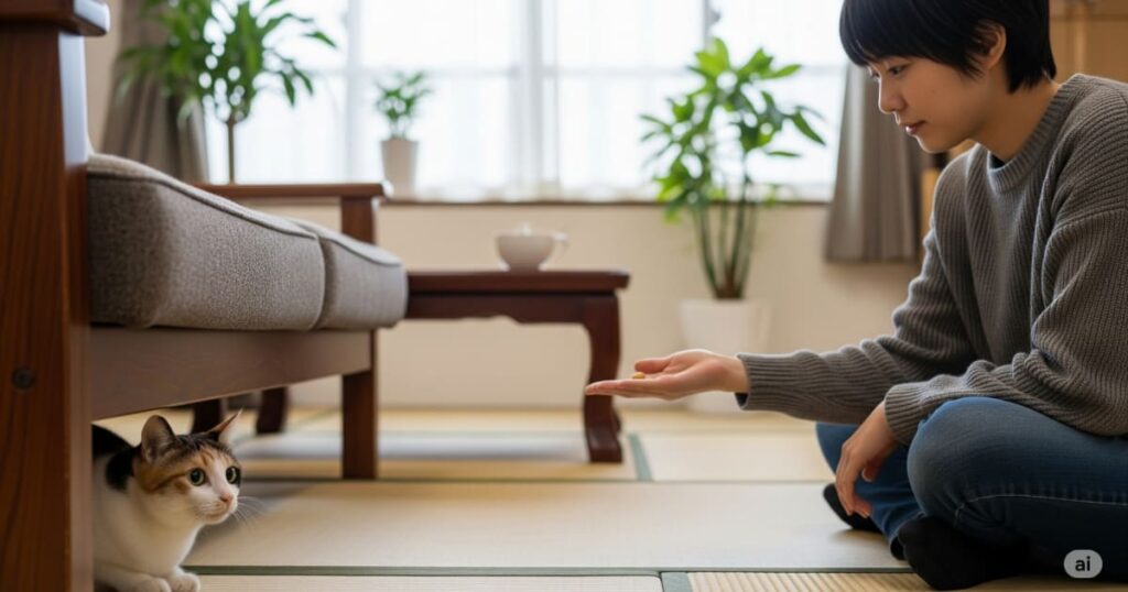 「保護猫を迎える場合の心構え - 焦らず、時間をかけて信頼関係を築くことの重要性」
過去の経験から臆病になっている保護猫が、家具の隙間からそっと様子をうかがっています。飼い主が焦らず、静かに距離を保ちながらおやつを差し出す姿は、猫のペースを尊重し、忍耐強く心を開くのを待つ姿勢の大切さを物語っています。