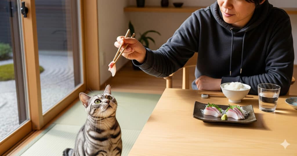 味しそうだから 人間の食事を分ける - 日本の食卓で、飼い主がお刺身を一切れ、アメリカンショートヘアに分け与えようとしている場面」