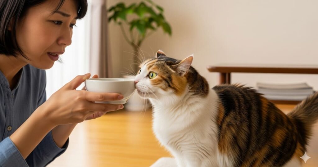 猫 食べムラ NG行動 - 飼い主が心配のあまり、フードの入ったお皿を嫌がる猫の口元に無理やり近づけている。猫にプレッシャーを与え、食事を嫌いにさせてしまうNG行動の代表例。