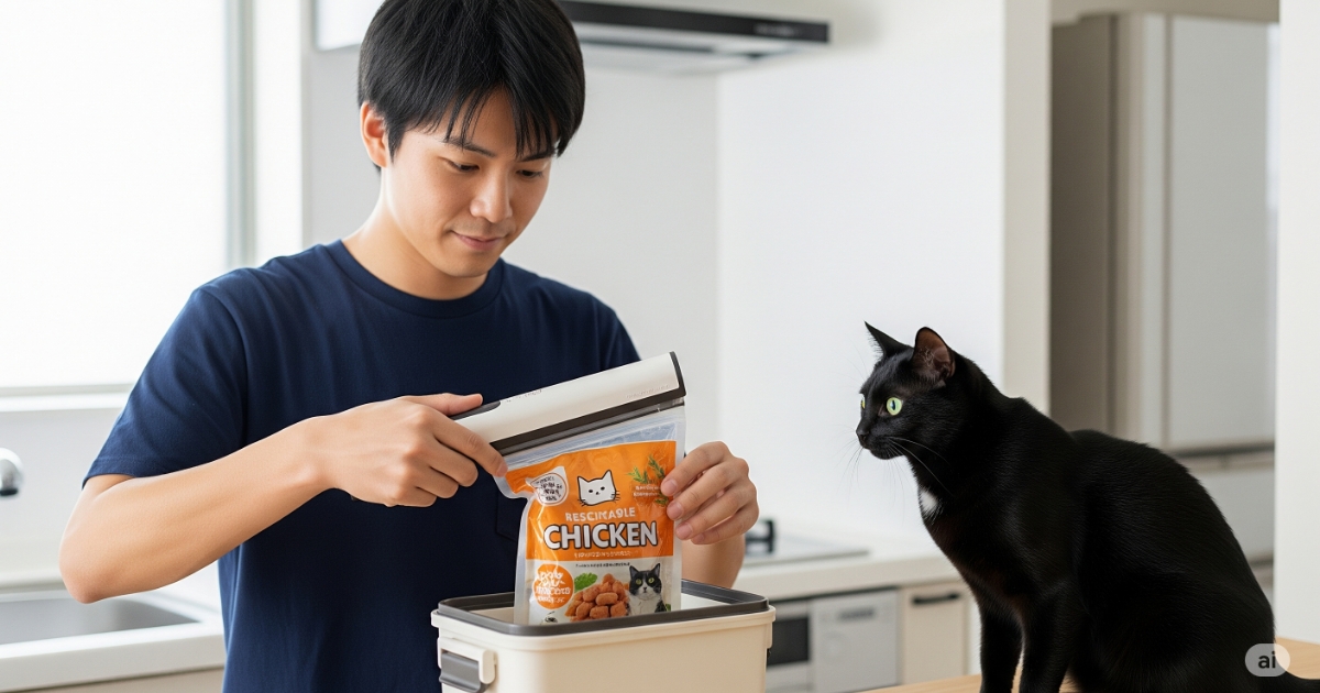 猫 フード 酸化 - 日本人の飼い主が、愛猫のドライフードの鮮度を保つために、開封したフードを密閉容器に移し替えている。フードの品質管理という、猫の健康を気遣う具体的な行動を示しています。