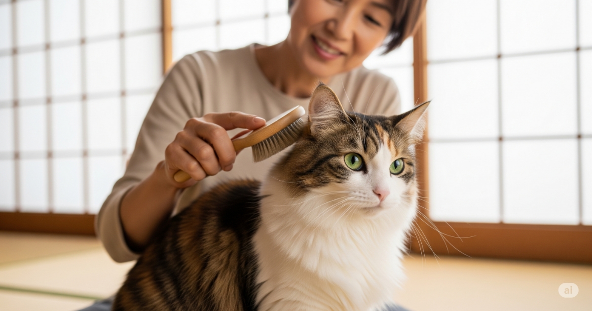ジャガーキャットフードの毛玉・便秘への効果を期待させる画像。日本の和室で、飼い主が長毛の三毛猫を優しくブラッシングしており、猫の毛並みの良さと健康的な様子から、フードによる毛玉ケア効果を示唆しています。