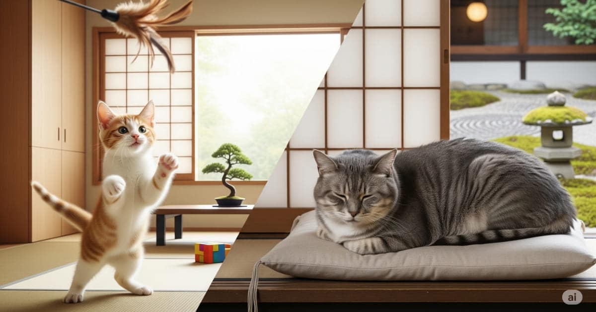 猫 ライフステージ 子猫 老猫 - 活発に遊ぶ子猫と、静かに休む老猫を並べた画像。成長段階によって世話の注意点が異なることを視覚的に伝え、それぞれの時期に合ったケアの必要性を示している