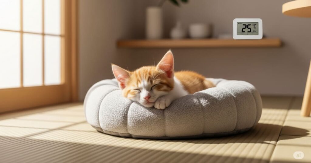 「子猫を迎える場合の注意点 - 快適な室温管理が鍵、子猫のための安全な環境作り」
柔らかなベッドで安心して眠る、愛らしい子猫。背景の温度計が25℃を示しているように、子猫は体温調節が苦手なため、常に快適な室温を保つことが健康管理の重要なポイントです。静かで安全な環境を整える必要性が伝わります。