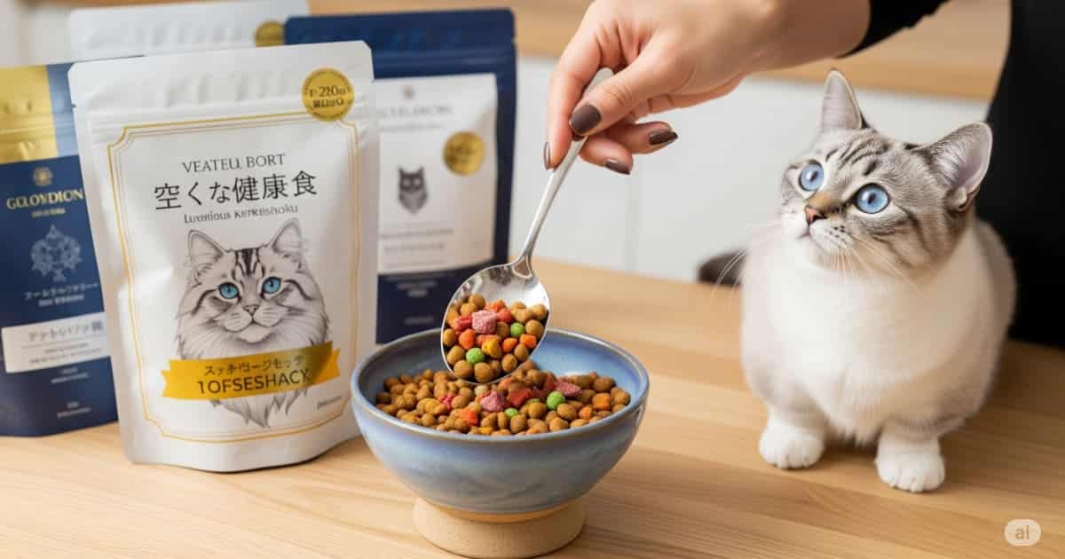 「餌代 フード代 健康 - 日本人の飼い主が、マンチカンのために栄養バランスの取れた高品質なキャットフードを、おしゃれな陶器の器に盛り付けている様子」