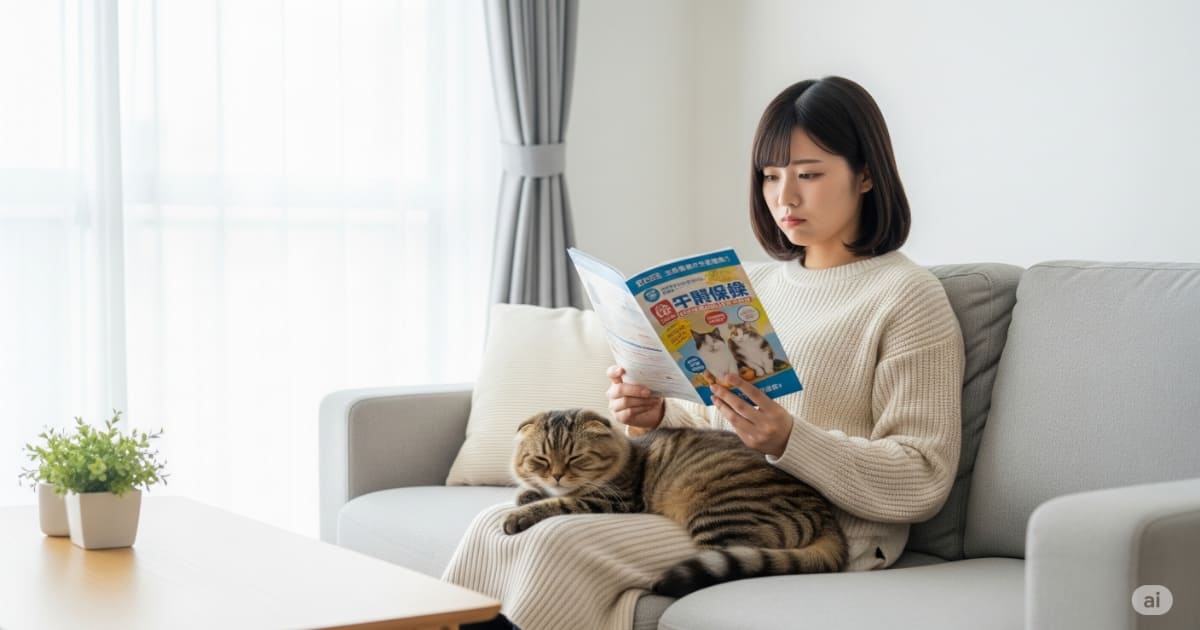 「ペット保険 高額医療費 - 若い日本人女性がモダンなリビングのソファに座り、膝の上で眠るスコティッシュフォールドを撫でながら、ペット保険のパンフレットを真剣に読んでいる」