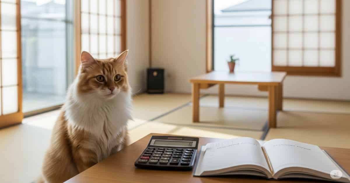 「猫 飼育費用 目安 - モダンなリビングのテーブルの上で、電卓と家計簿の隣に座っている可愛らしい日本猫。猫の生涯費用や月々のコストを計画するイメージ。」