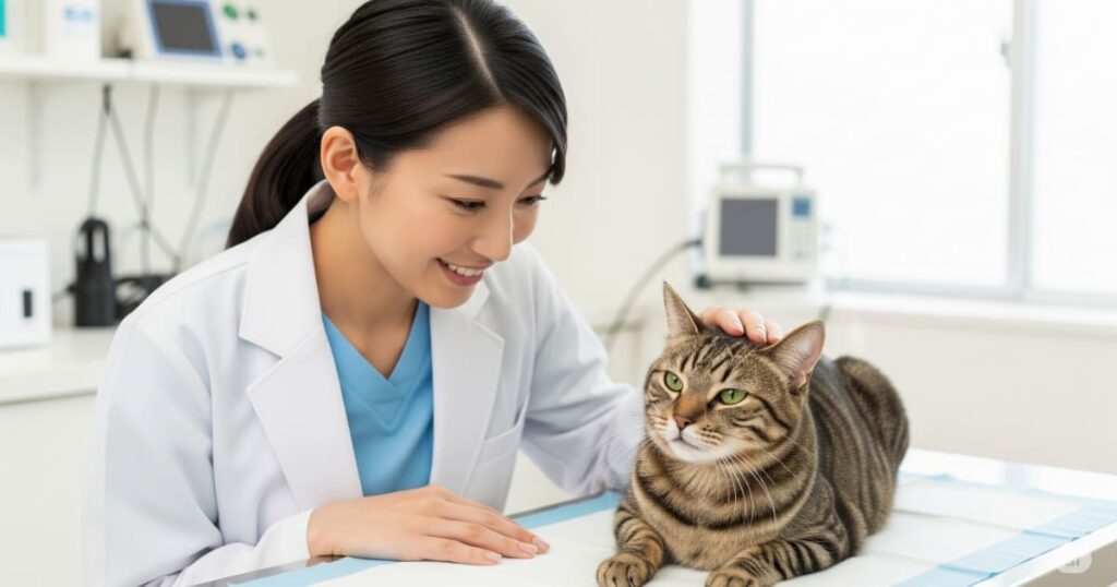 「動物病院選び コミュニケーション - 30代の日本人女性獣医師が、診察台にいる日本猫と目線を合わせ、優しく話しかけている。猫もリラックスした様子で、飼い主が安心できるような、獣医師との丁寧なコミュニケーションの重要性を示している」