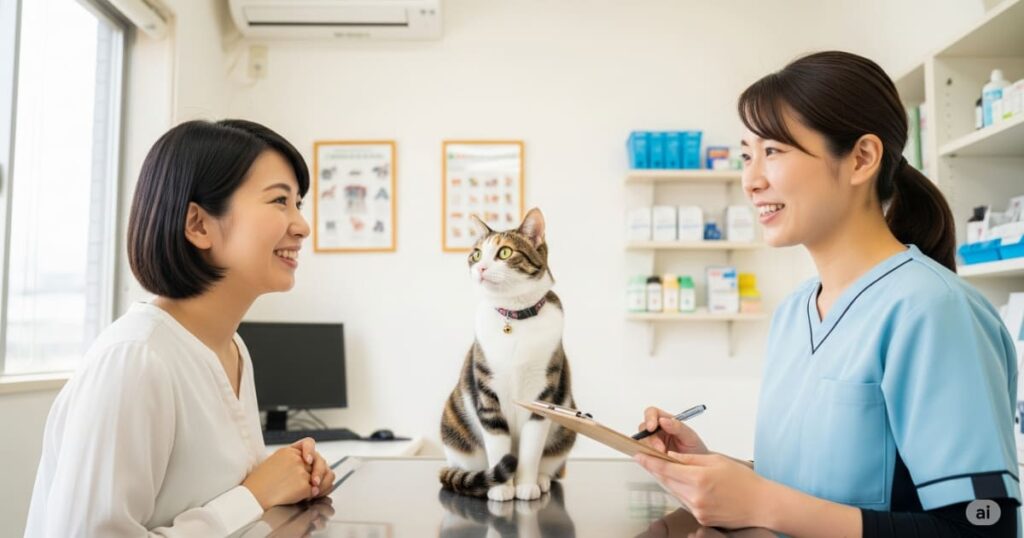 「動物病院選び 健康管理 - 20代の日本人女性が、清潔感のある診察室で女性獣医師と笑顔で話している。診察台の上では日本猫が落ち着いており、信頼できる獣医師との良好な関係が猫の健康管理に繋がることを示唆している」