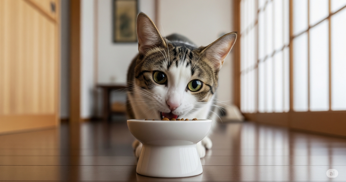 ジャガーキャットフードの口コミ評判。日本のモダンな家でおしゃれな食器から美味しそうにご飯を食べるジャパニーズボブテイル。