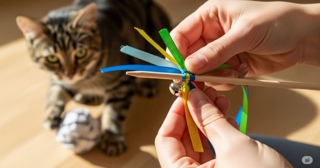 「手作りおもちゃの活用 - お金をかけずに猫を喜ばせる、愛情たっぷりDIYおもちゃ」
身近な材料で作る、手作りのおもちゃ。飼い主がリボンや鈴で飾り付けをしている間、猫はくしゃくしゃの紙玉に夢中です。高価なおもちゃでなくても、猫の好奇心を刺激し、飼い主との絆を深めることができるとわかります。