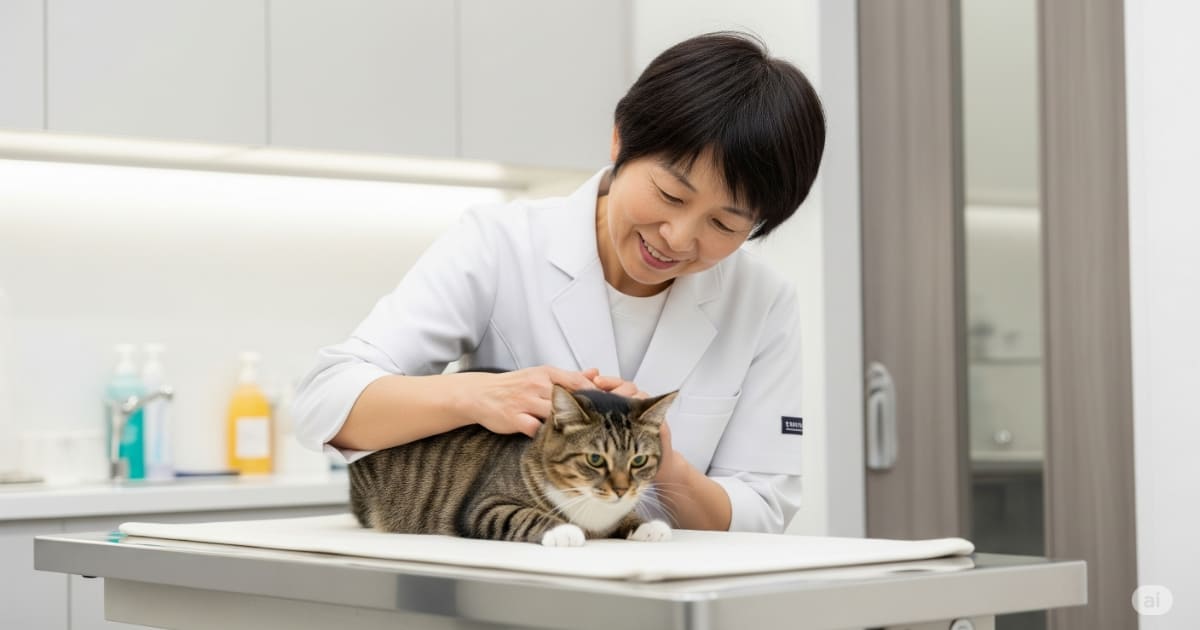 「猫 去勢手術 健康投資 - 清潔感のある動物病院の診察台で、獣医師に優しく体をチェックされている落ち着いた様子の猫。将来の病気を防ぐための去勢・避妊手術の重要性を示す。」