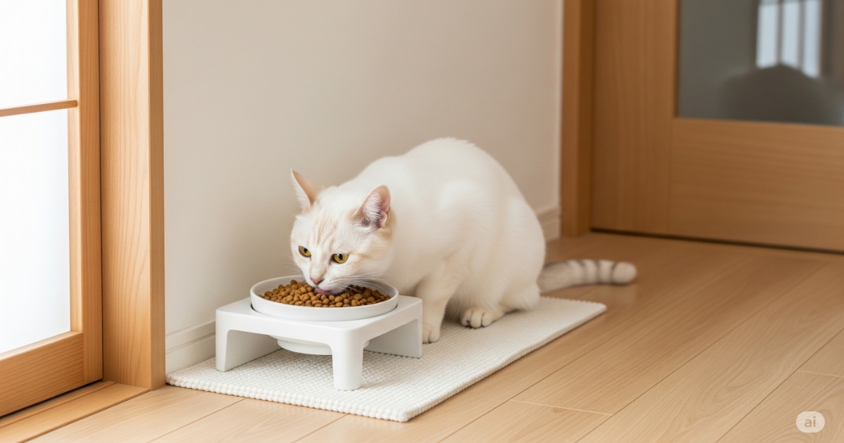 猫の食事環境 対策 - 清潔感のある静かな部屋の隅に、猫が食べやすい高さと広さのある食器が置かれている。日本猫が落ち着いた様子で食事をしており、猫にとって快適な食事環境の基本を示している。