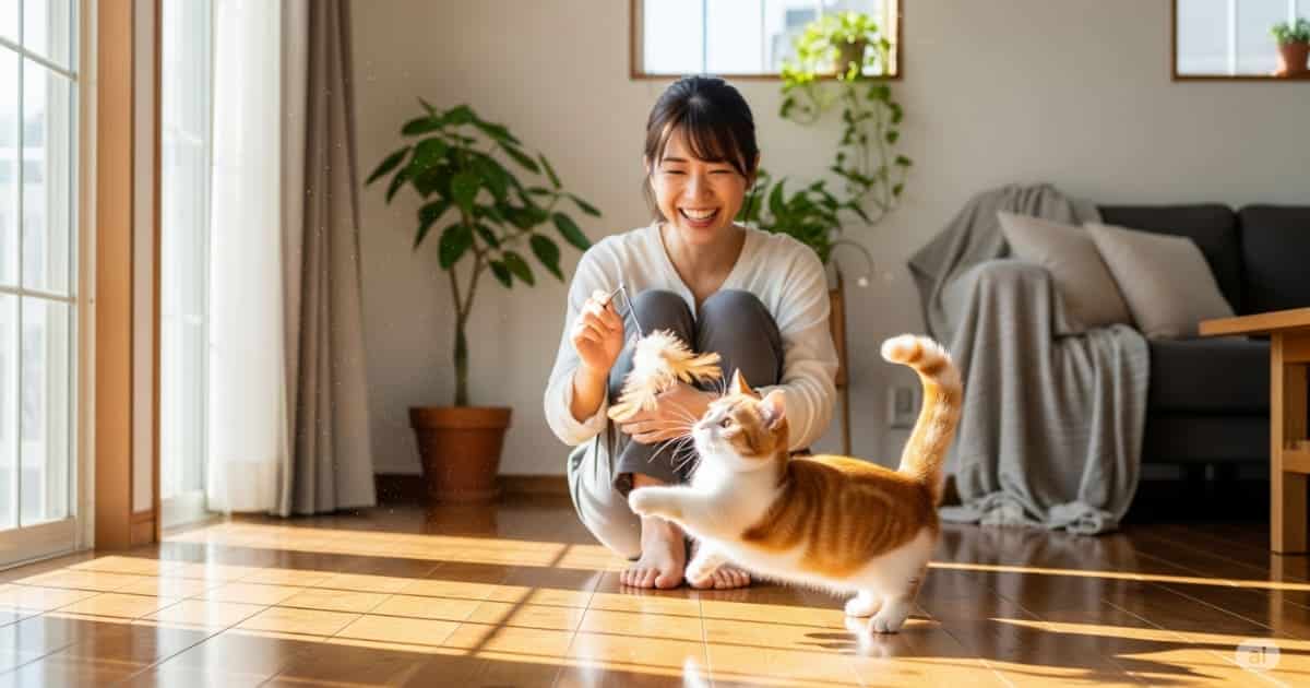 猫とのコミュニケーション 遊び - 明るいリビングで、若い日本人女性がマンチカンの子猫と猫じゃらしで遊んでいる。遊びを通した、猫との楽しく豊かな関係づくりを表現