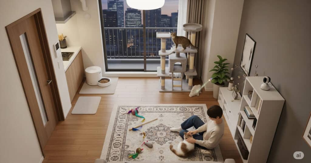 「一人暮らしで猫を飼う場合の準備 - 留守番中も快適、猫と人のための空間作り」
一人暮らしの部屋でも、キャットタワーや自動給餌器、ペットカメラを揃えることで、猫が安全で退屈しない環境を整えることができます。飼い主と猫が共にリラックスしている様子から、計画的な準備が幸せな同居生活に繋がることがわかります。